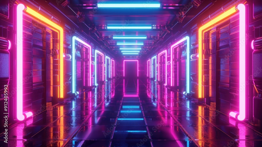 Fototapeta premium Empty room corridor with purple blue pink lights on dark background