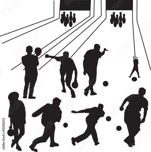 Silhouettes bowling people player