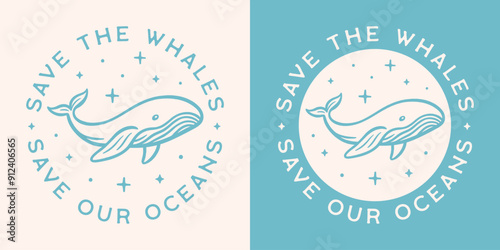 Save the whales save our oceans round badge button sticker logo shirt design cute retro blue aesthetic. Marine animals endangered species protection activist activism printable vector cut file.
