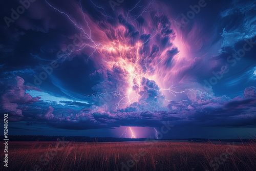 Enchanting display of thunder and lightning illuminating sky in a capt photo