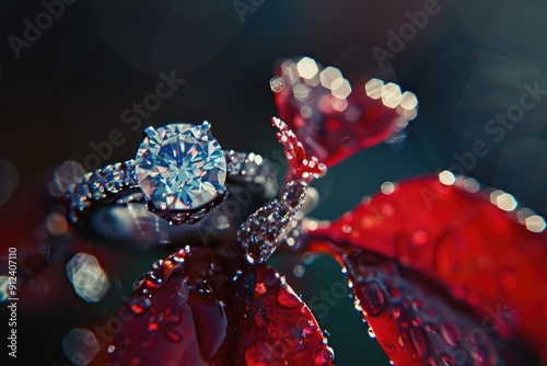 A diamond ring sits atop a vibrant red leaf, perfect for capturing the beauty of nature or highlighting jewelry