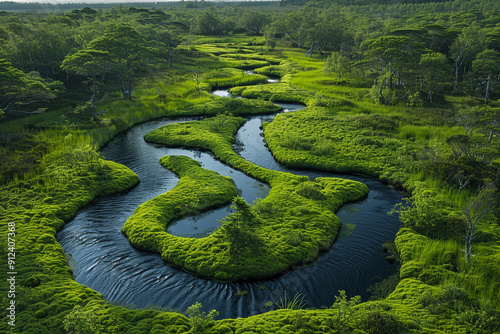 enchanting beauty of a sphagnum bog is showcased from above, displayin photo