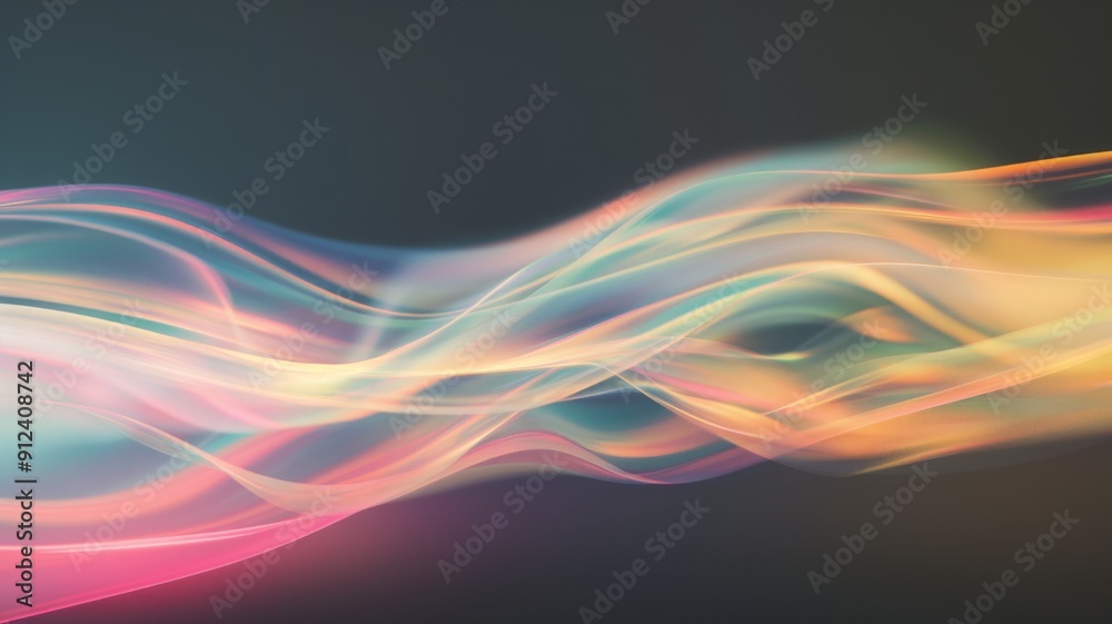 Obraz premium Close-up of ethereal pastel neon pink, purple, lavender, mint holographic background. Abstract modern curved blurred surreal futuristic disco, rave, techno, festive dreamlike backdrop
