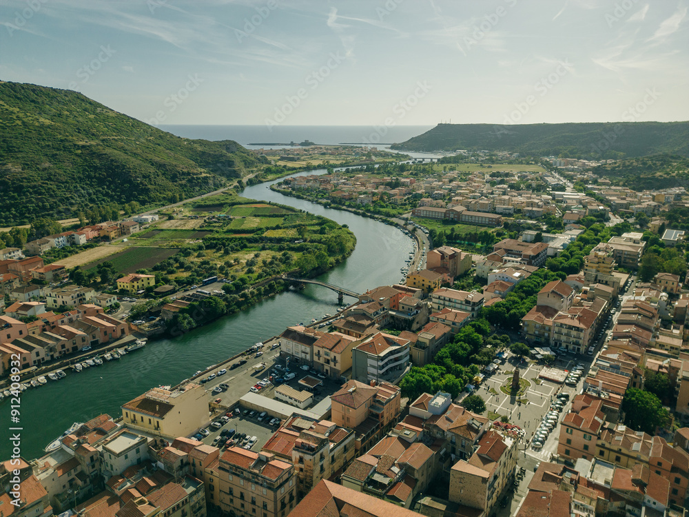 Fototapeta premium Aerial view of Bosa, a small colourful town near Oristano, Sardinia island, Italy