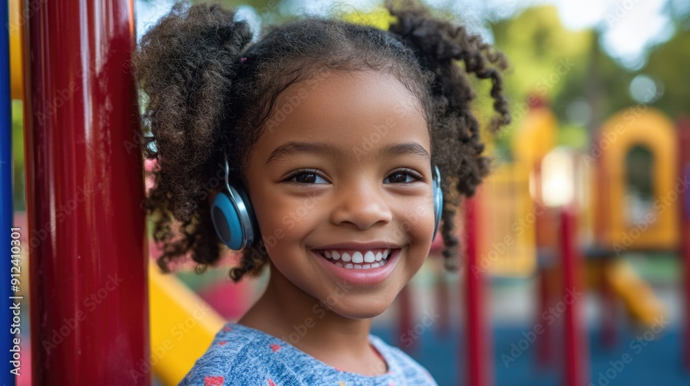 Happy Child with Hearing Aid at Inclusive Playground - Close-up Portrait of Smiling Kid with Disability Enjoying Playtime Happy Child with Hearing Aid at Inclusive Playground - Close-up Portrait of Smiling Kid with Disability Enjoying Playtime