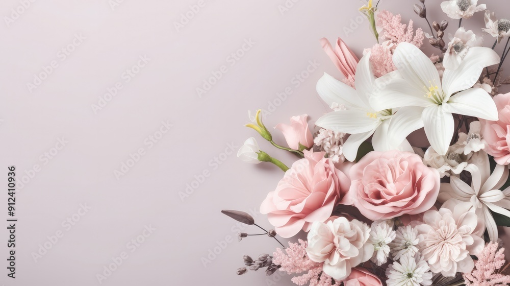 Gorgeous floral background with a combination of pastel pink roses, white lilies, lisianthus and daisies. Wedding card with copy space. Gorgeous floral background with a combination of pastel pink roses, white lilies, lisianthus and daisies. Wedding card with copy space.