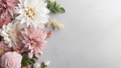 Classic floral background featuring a mix of white and pink dahlias and pink lisianthus. 