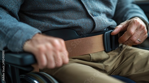 Close-up of Man in Wheelchair Adjusting Seatbelt, Ensuring Safety Feature