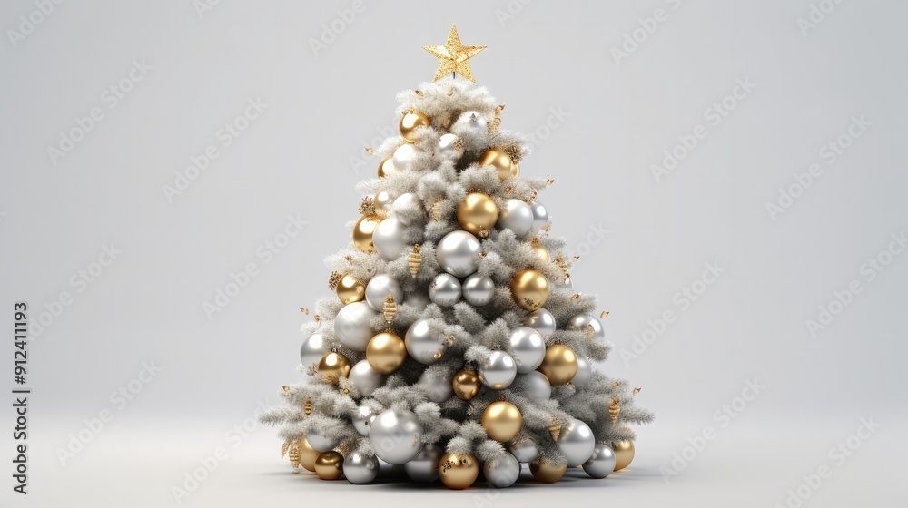Christmas tree adorned with silver and golden balls and ornaments. Merry christmas card with copy space. Christmas tree adorned with silver and golden balls and ornaments. Merry christmas card with copy space.