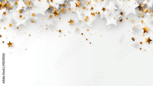 Minimalist design featuring a white background with sparkling golden stars and white paper simple stars confetti border, christmas card with copy space. 