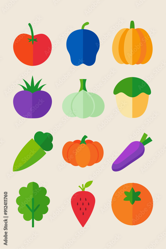 A set of 12 colorful flat icons, featuring various vegetables and fruits, perfect for adding a touch of freshness to your designs. These simple and stylish icons are ideal for websites, apps.