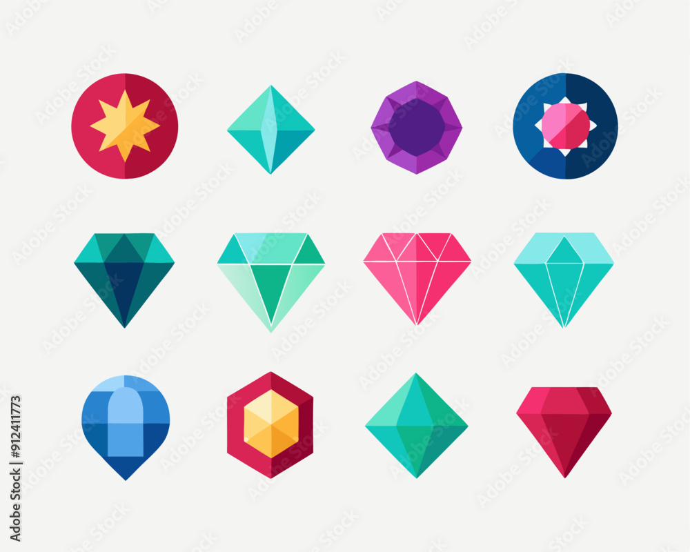 A set of 12 colorful and stylish flat icons featuring diamonds, gemstones, and jewels. Perfect for adding a touch of sparkle to your designs, these icons are ideal for web, mobile, elegance. A set of 12 colorful and stylish flat icons featuring diamonds, gemstones, and jewels. Perfect for adding a touch of sparkle to your designs, these icons are ideal for web, mobile, elegance.