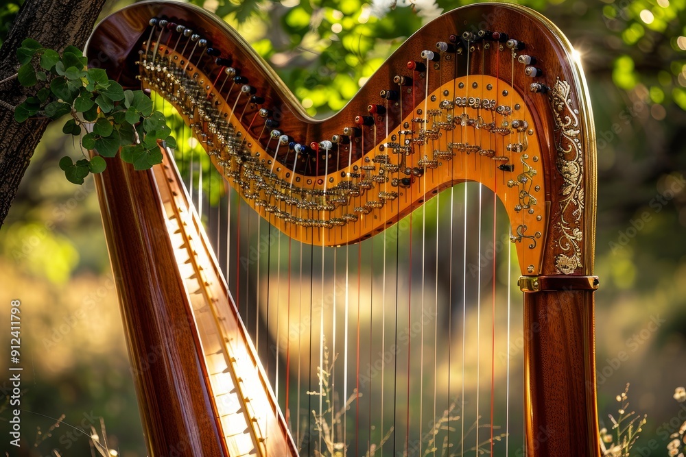 Obraz premium Beautiful golden harp is standing in the forest with the sun shining through its strings