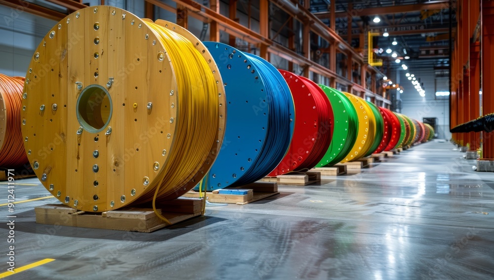 Wooden Spools with Colorful Cables - Warehouse Setting Wooden Spools with Colorful Cables - Warehouse Setting