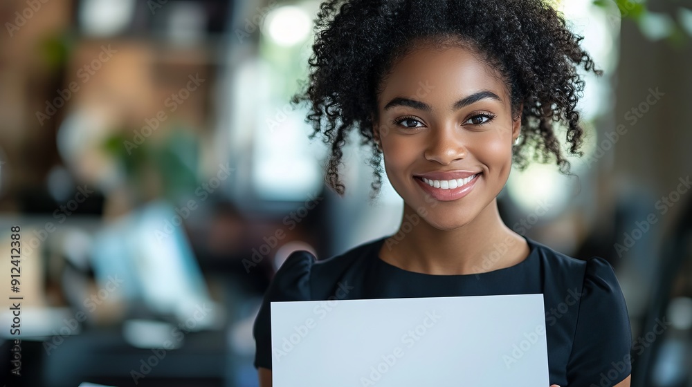 Smiling Young Woman Holding Blank Paper in Modern Office Environment Smiling Young Woman Holding Blank Paper in Modern Office Environment