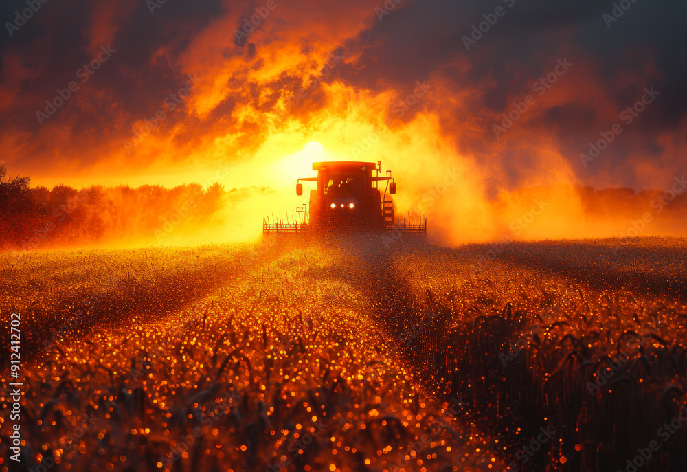 Fototapeta premium A tractor is driving through a field of corn. The sky is orange and the sun is setting