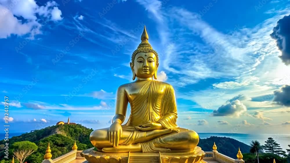 Golden Buddha Statue with Blue Sky and Clouds. Golden Buddha Statue with Blue Sky and Clouds.