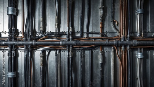 Various pipes and electrical wiring are meticulously arranged along a workshop wall photo