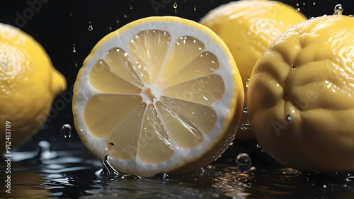 by godly realistic close up, photo realism, delicious, lemon and water, beautiful, dry, elegant, rich, vivid contrast, depth of field, black tones, crisp, shot on 100mm, f/ 2. O, natural lighting, rea