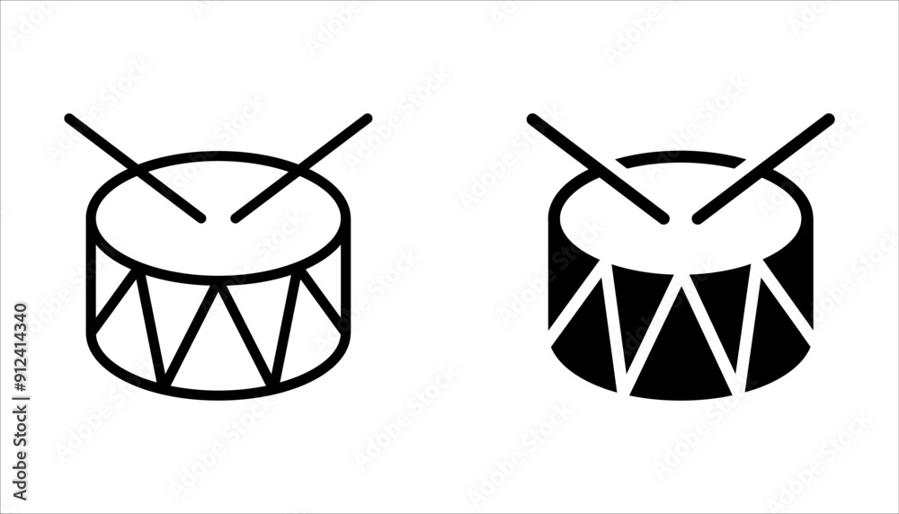 Drum and drumstick line icon set. Drum musical instrument outline vector icon on white background Drum and drumstick line icon set. Drum musical instrument outline vector icon on white background