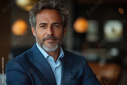 portrait of a confident middleaged businessman in a crisp blue suit warm lighting enhances his friendly yet professional demeanor office setting with blurred background