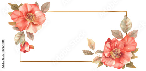 Minimalist rectangular empty floral gold border on a white background, decorated with large pink flowers and pale green leaves
