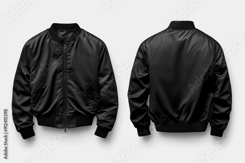 Front and back view of black satin bomber jacket with ribbed cuffs on white background