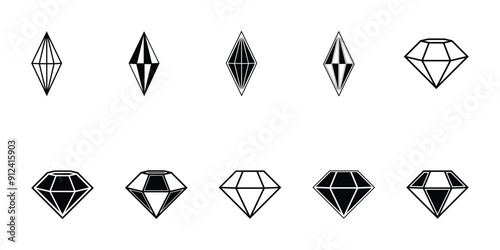 Set of diamonds line in a flat icons style. Abstract black diamond collection icons.