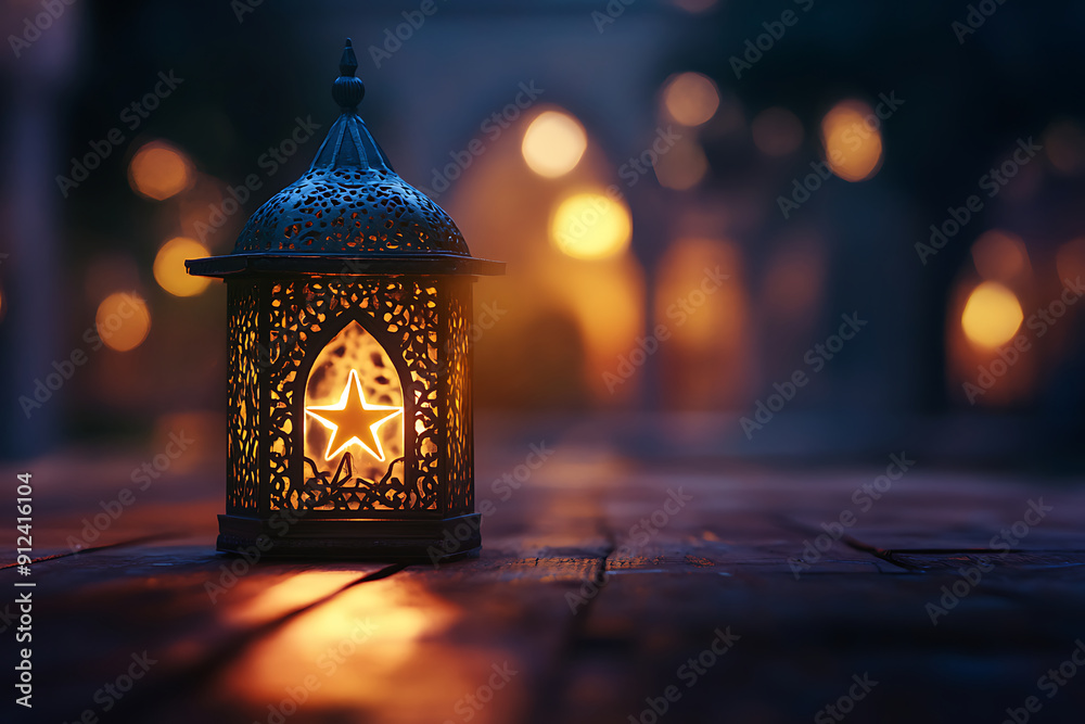 Glowing Moroccan ornamental lanterns on the table. Greeting card, invitation for Muslim holy month Ramadan Kareem. Festive dark night background with ornamental light and shadow play on wall. Glowing Moroccan ornamental lanterns on the table. Greeting card, invitation for Muslim holy month Ramadan Kareem. Festive dark night background with ornamental light and shadow play on wall.