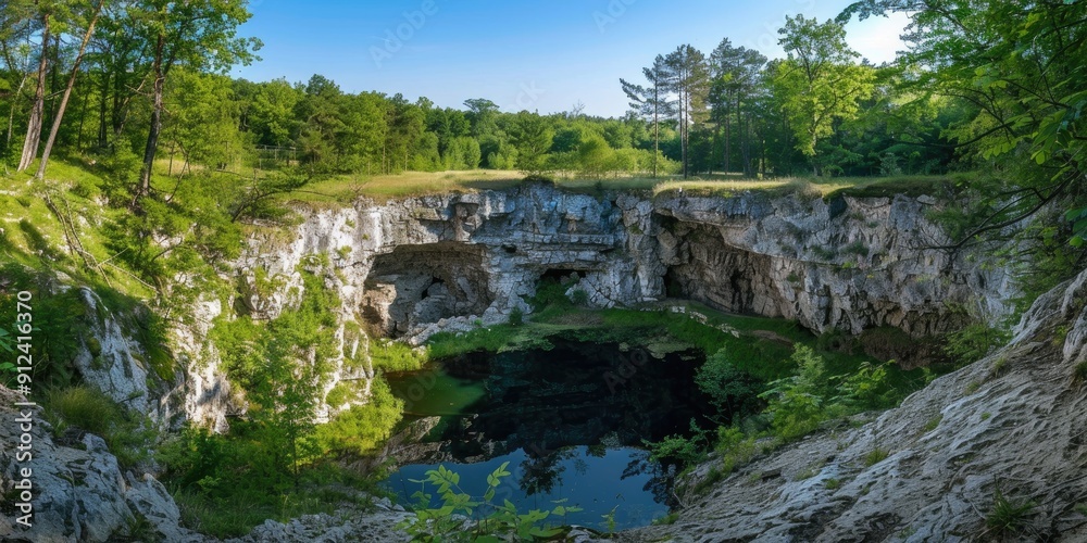 Scenic limestone sinkhole in a forest under a clear blue sky Scenic limestone sinkhole in a forest under a clear blue sky