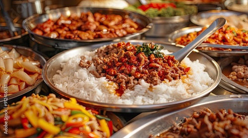 In the Chinese restaurant, there is an oversized silver plate with white rice and ground beef on it. The surrounding table has many plates of meat, various vegetables, all neatly arranged in one row. 