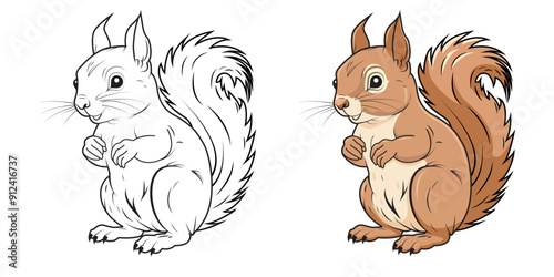 A set of squirrels, one outlined and one colored. Cute squirrels in a cartoon style.
