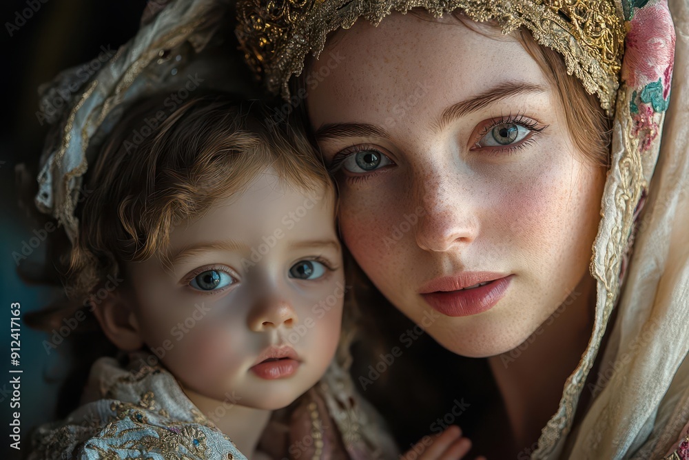 renaissanceinspired portrait of madonna and child soft ethereal lighting rich jeweltoned drapery ornate golden halo serene expressions renaissanceinspired portrait of madonna and child soft ethereal lighting rich jeweltoned drapery ornate golden halo serene expressions