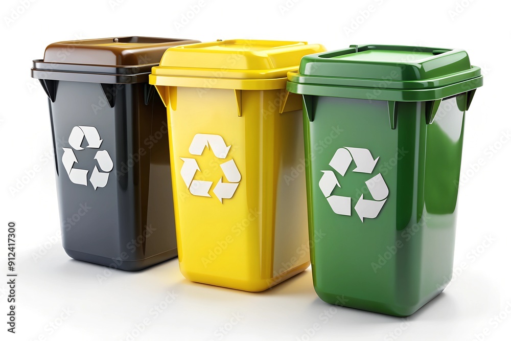 Collection of three recycling bins in different colors (black, green and yellow) isolated on a white background Collection of three recycling bins in different colors (black, green and yellow) isolated on a white background
