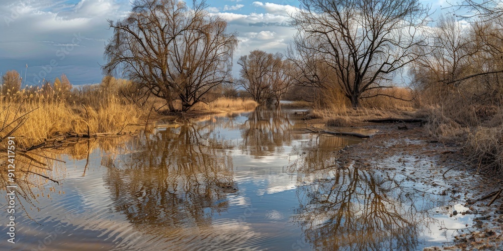 Fast current flooding trees and dry grass on the river banks in early spring with the high and muddy water reflecting the sky clouds and young foliage on the trees Fast current flooding trees and dry grass on the river banks in early spring with the high and muddy water reflecting the sky clouds and young foliage on the trees