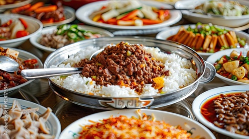 In the Chinese restaurant, there is an oversized silver plate with white rice and ground beef on it. The surrounding table has many plates of meat, various vegetables, all neatly arranged in one row. 