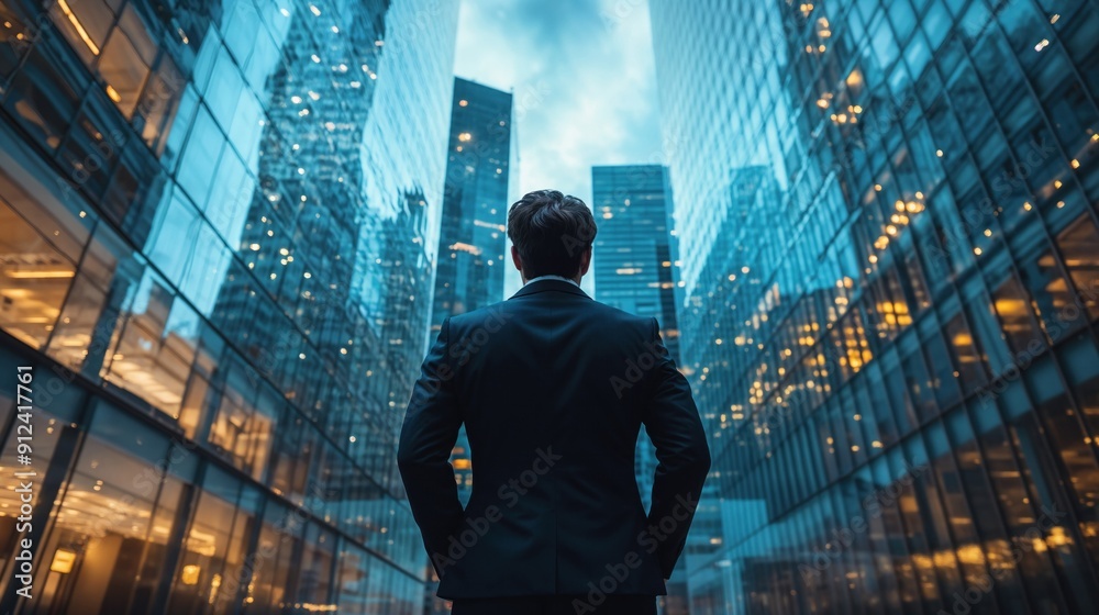 Businessman in a suit with modern office glass buildings in the background, symbolizing economic market stock investment, financial freedom, portfolio management, company profit, and strategy growth Businessman in a suit with modern office glass buildings in the background, symbolizing economic market stock investment, financial freedom, portfolio management, company profit, and strategy growth