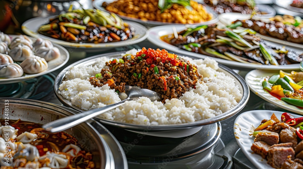 In the Chinese restaurant, there is an oversized silver plate with white rice and ground beef on it. The surrounding table has many plates of meat, various vegetables, all neatly arranged in one row. In the Chinese restaurant, there is an oversized silver plate with white rice and ground beef on it. The surrounding table has many plates of meat, various vegetables, all neatly arranged in one row.