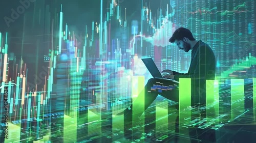 A man sitting on the stock market chart and working with a laptop,Ascending chart,minimal,soft background, 3d style, green cyan colors. vidio 4k