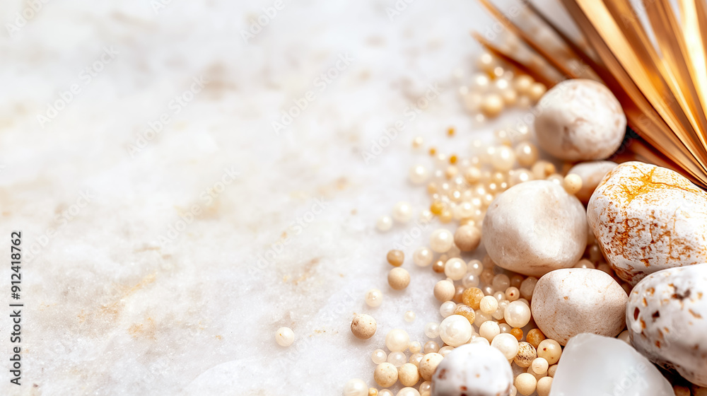 Elegant and Beautiful Composition of Natural Elements including Seashells, Pearls, and Wheat set against a Marble Background