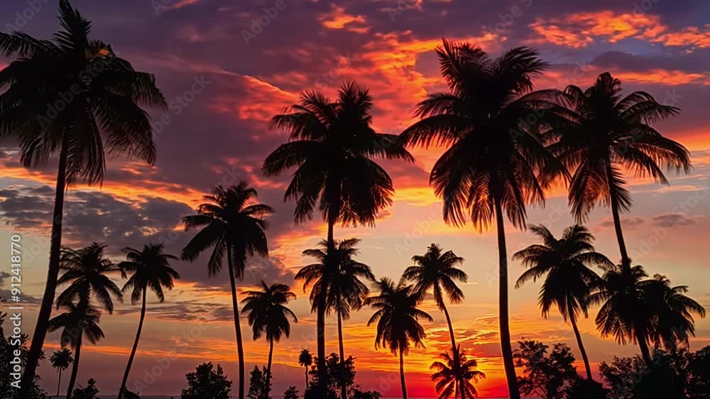 A beautiful sunset over a palm tree forest. The sky is filled with clouds and the sun is setting. The palm trees are tall and spread out, creating a peaceful and serene atmosphere A beautiful sunset over a palm tree forest. The sky is filled with clouds and the sun is setting. The palm trees are tall and spread out, creating a peaceful and serene atmosphere