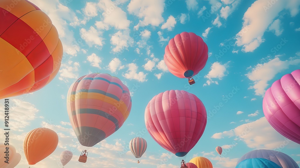Colorful Hot Air Balloons Soaring Above a Clear Blue Sky at Dusk Colorful Hot Air Balloons Soaring Above a Clear Blue Sky at Dusk