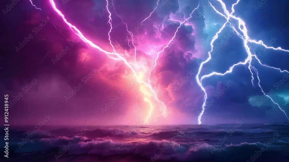 A stormy sky with a bright purple and yellow lightning bolt. The sky is filled with dark clouds and the ocean is in the background. Scene is intense and dramatic A stormy sky with a bright purple and yellow lightning bolt. The sky is filled with dark clouds and the ocean is in the background. Scene is intense and dramatic