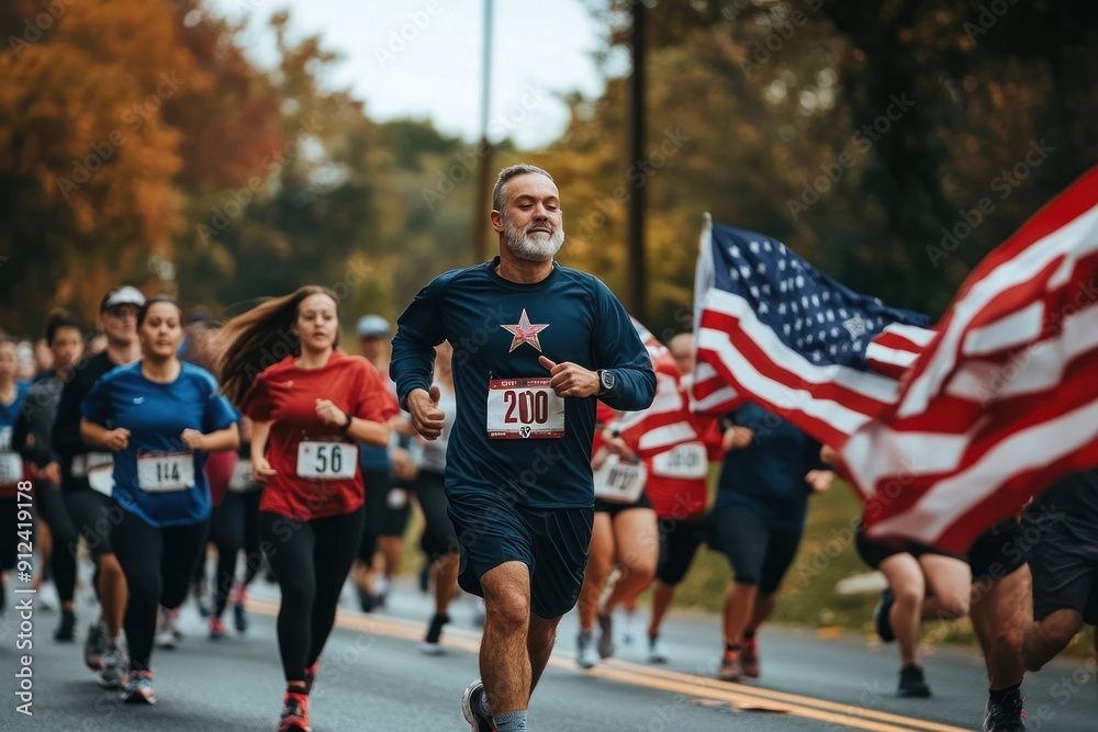 A Runner Leading a Group in a Race with American Flags A Runner Leading a Group in a Race with American Flags