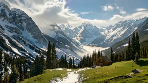 Beautiful mountain landscape with cabin in the foreground, green grass and snow-capped mountains in background, sunny day, blue sky, sunlight shining through clouds, pine trees, vidio 4k