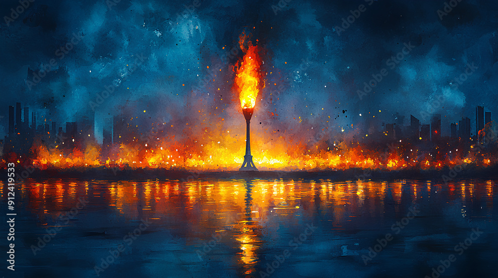 Obraz premium he 2024 Olympic Games in Paris, France. Watercolor image of the Olympic torch on an empty background. The moment of awarding and issuing medals