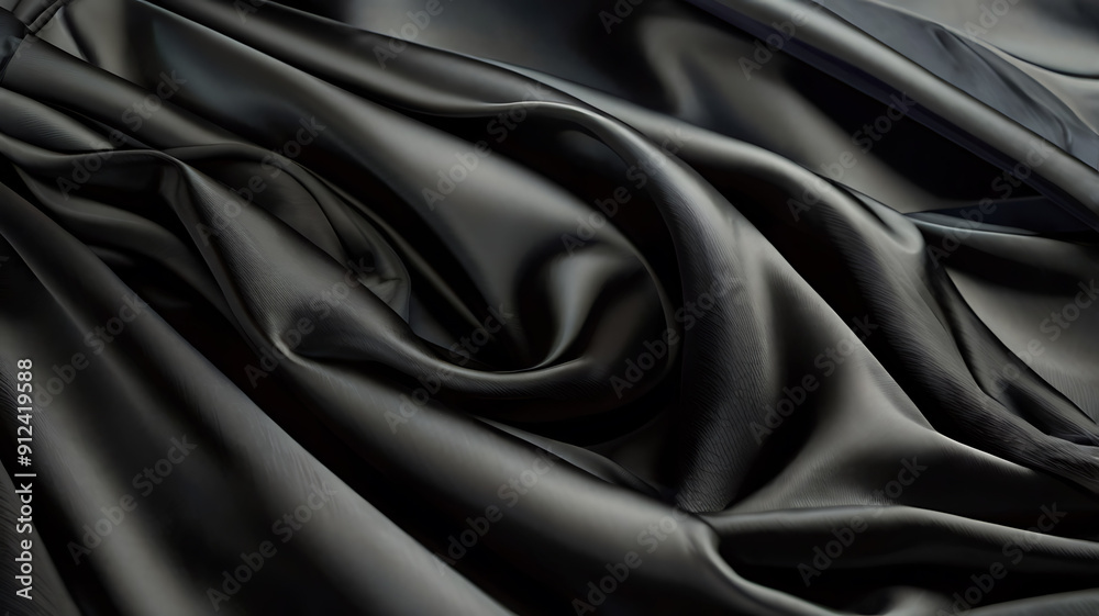Obraz premium High-resolution image of black silk fabric, characterized by its smooth, glossy texture and intricate folds. 