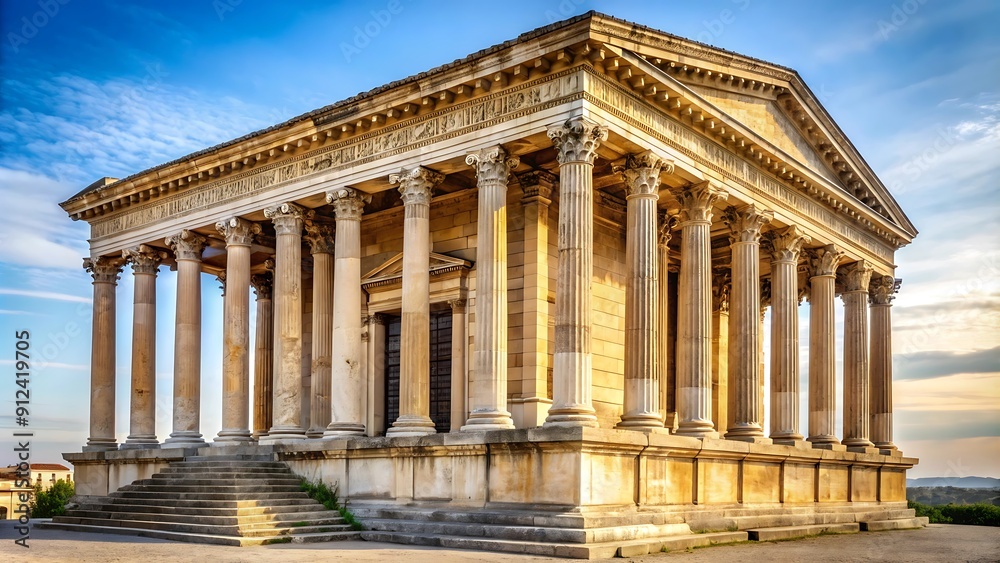 An artistic photograph of Roman temples in France, featuring a white background that highlights their architectural beauty. An artistic photograph of Roman temples in France, featuring a white background that highlights their architectural beauty.