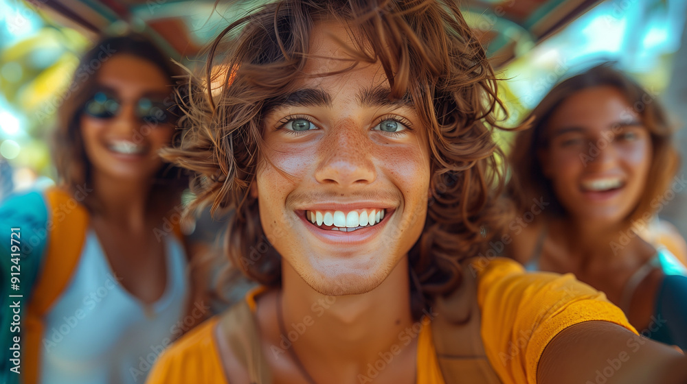 Young boy smiling with friends in a sunny day. 