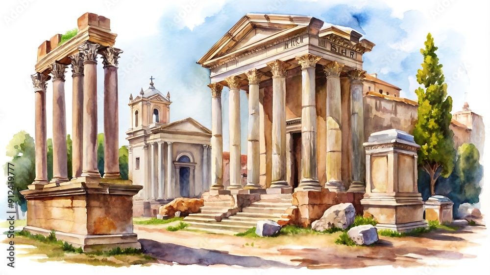 Obraz premium A watercolor painting of French Roman relics set against a white background, capturing their timeless beauty.